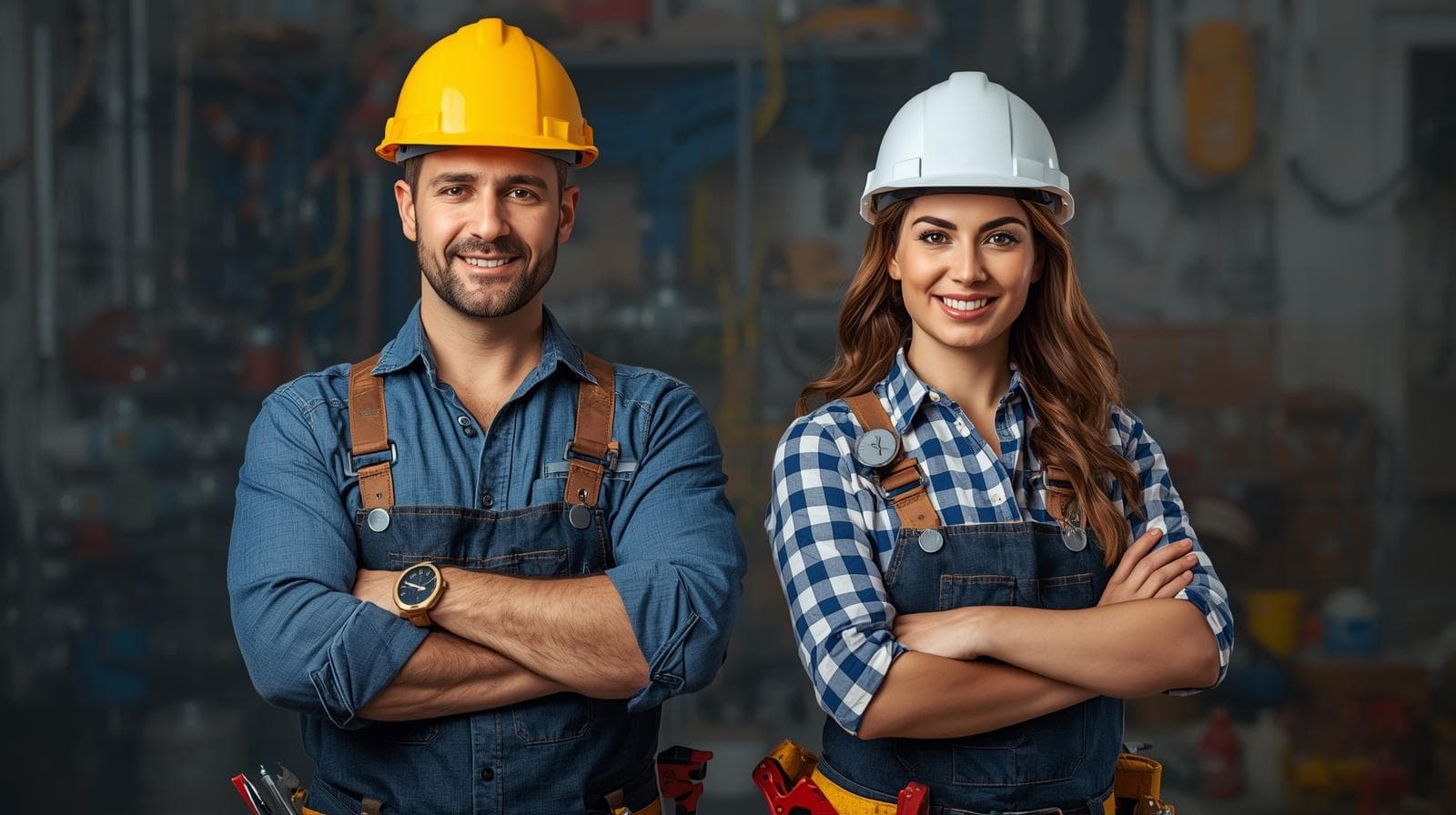 A confident female contractor with a hard hat and tools, representing various skilled trades like plumbing and electrical work.